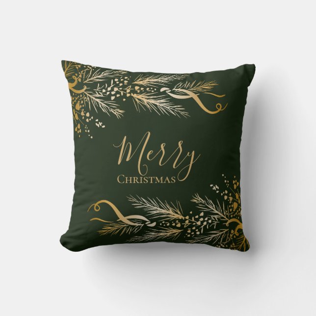 Luke 2:11 Christian Green and Gold Merry Christmas Throw Pillow (Front)