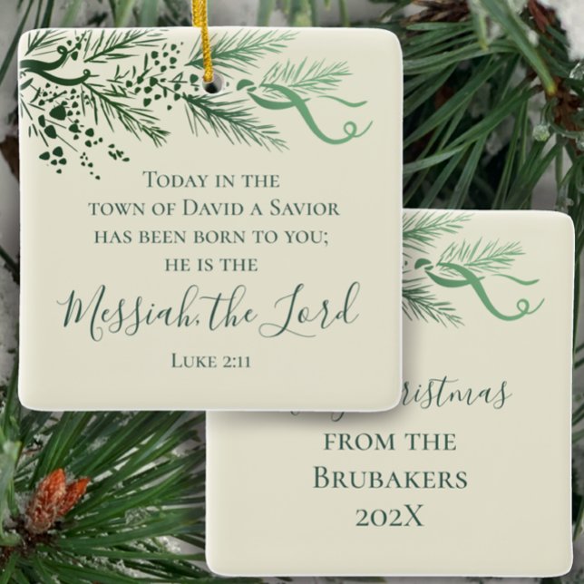 Luke 2:11 Sage Pine Personalized Christmas Gift Ceramic Ornament (Personalize this Luke 2:11 Scripture Christmas ornament gift with name and year. Hand drawn pine )
