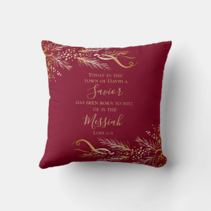 Luke 2:11 Scripture Red Gold Merry Christmas Throw Pillow
