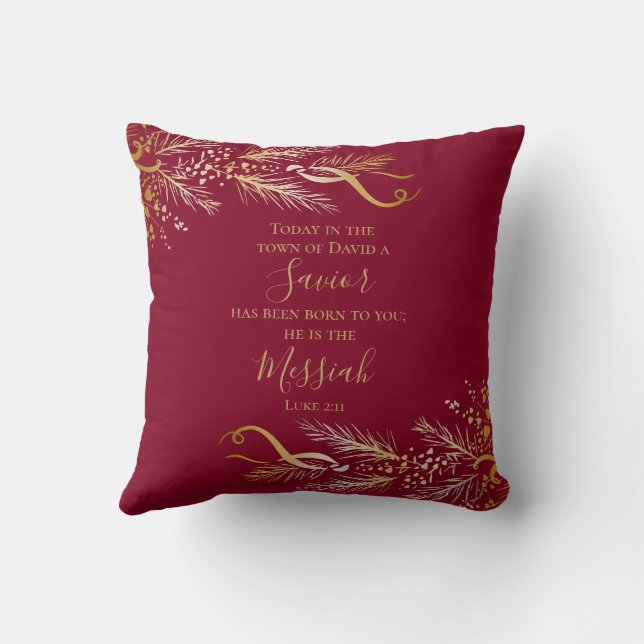 Luke 2:11 Scripture Red Gold Merry Christmas Throw Pillow (Back)