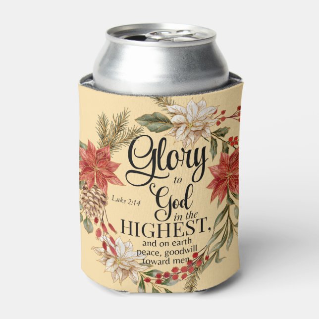 Luke 2:14 Glory to God Christmas Gold Floral Can Cooler (Can Front)