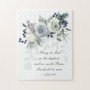 Luke 2:14 "Glory to God" White Rose Christmas Jigsaw Puzzle