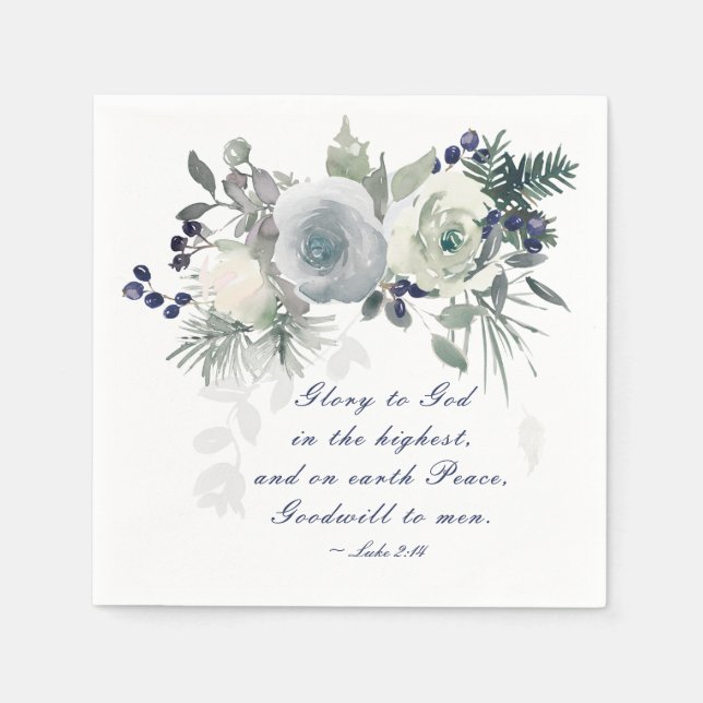Luke 2:14 "Glory to God" White Rose Christmas Napkins (Front)