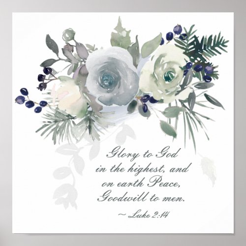 Luke 214 Glory to God White Rose Christmas Poster