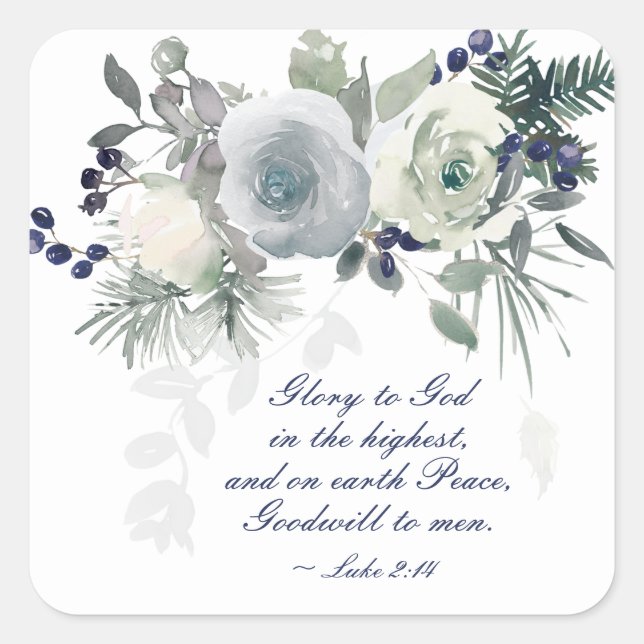 Luke 2:14 "Glory to God" White Rose Christmas Square Sticker (Front)