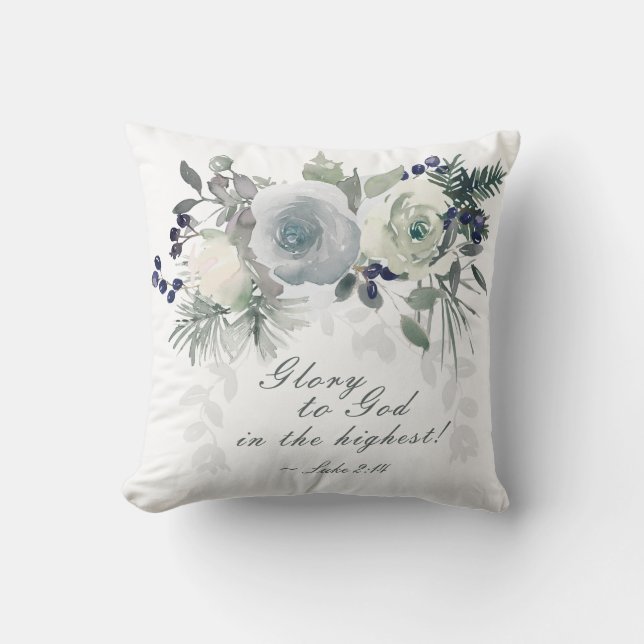 Luke 2:14 "Glory to God" White Rose Christmas Throw Pillow (Front)