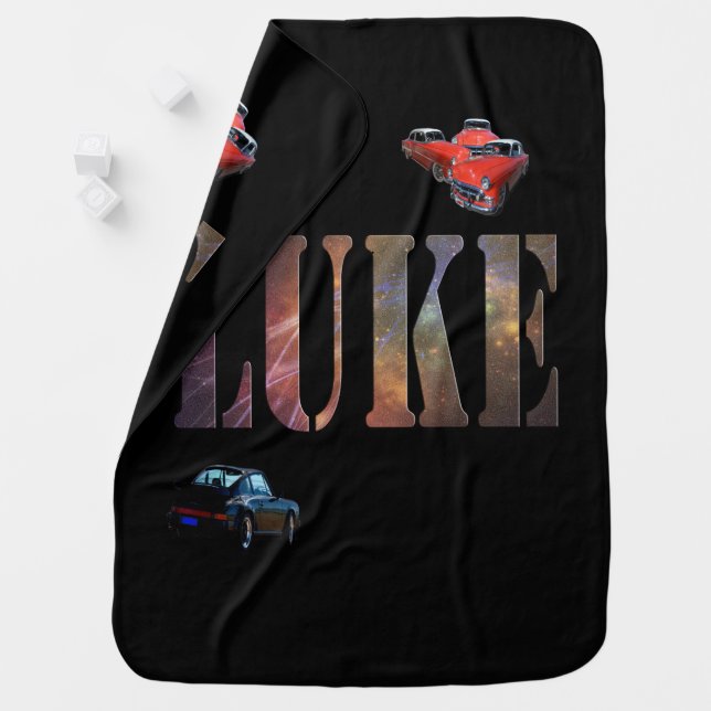 Luke Name Logo With Classic Cars, Baby Blanket (In Situ)