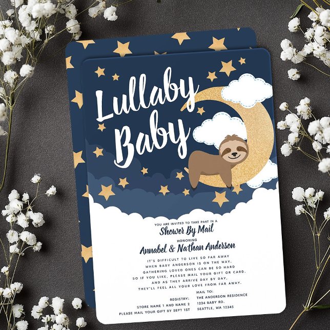 Lullaby Baby Sloth Moon Baby Shower By Mail Invitation (Creator Uploaded)