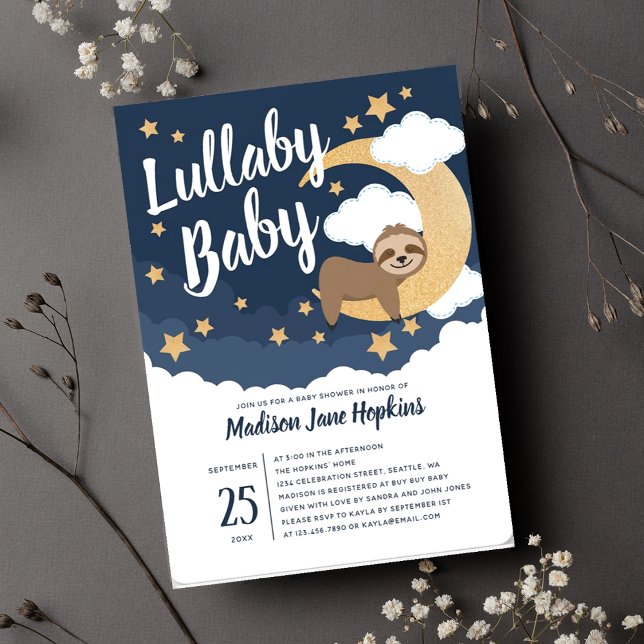 Lullaby Baby Sloth Moon Baby Shower Invitation (Creator Uploaded)