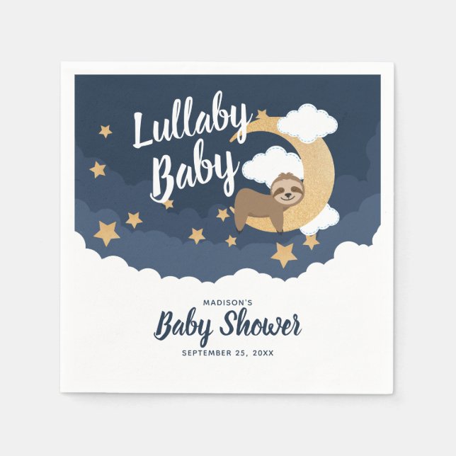 Lullaby Baby Sloth Moon Baby Shower Napkins (Front)
