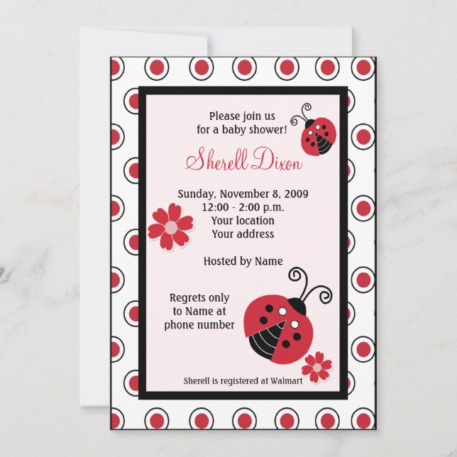 Lullabye Ladybug 5x7 Pink Trendy Invitations (Front)