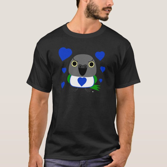 Lulu, the Senegal Parrot, with blue hearts T-Shirt (Front)
