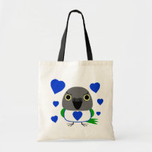 Lulu, the Senegal Parrot, with blue hearts