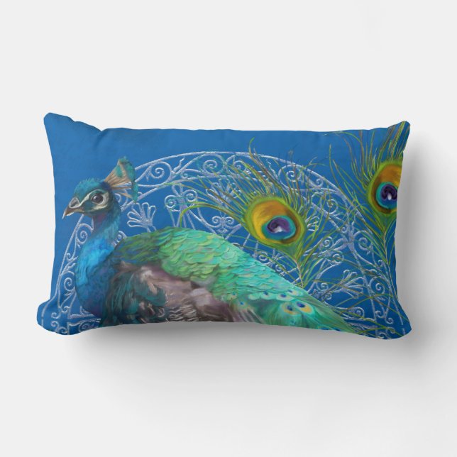 Lumbar Modern Painting Peacock Tail Feathers Blue Lumbar Pillow (Front)