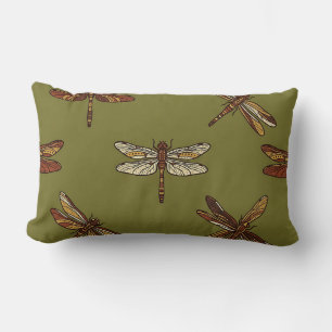 Lumbar Olive Green Dragonfly Print Pillow