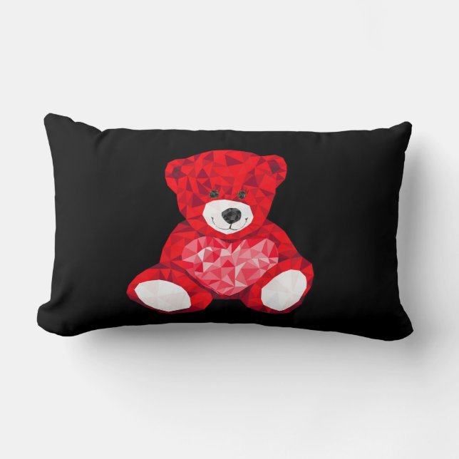 Lumbar pillow with red teddy bear in black. (Front)