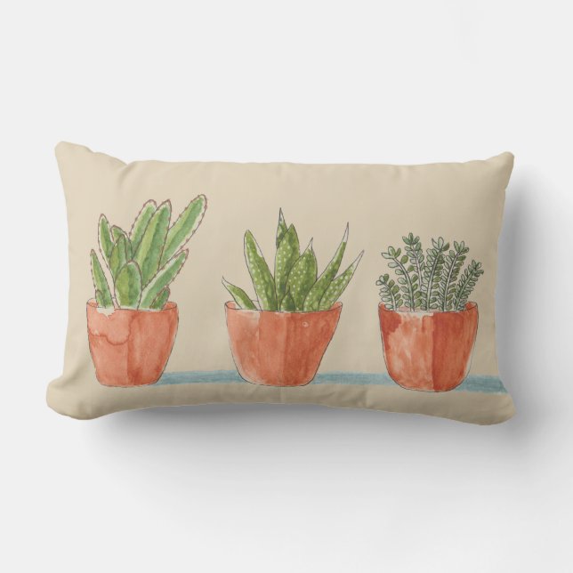 Lumbar Pillow with Three Potted Succulents (Front)