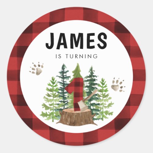 Lumberjack 1st Birthday Buffalo Plaid Classic Round Sticker