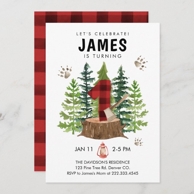 Lumberjack 1st Birthday Buffalo Plaid Invitation (Front/Back)