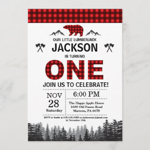 Lumberjack 1st Birthday Invitation Bear Woodland