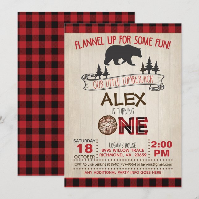 Lumberjack 1st Birthday Invitation - Red/Bear (Front/Back)