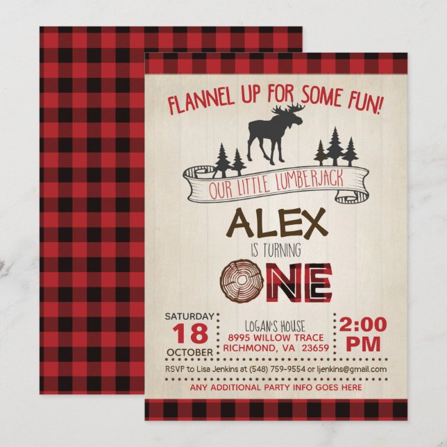 Lumberjack 1st Birthday Invitation - Red/Moose (Front/Back)
