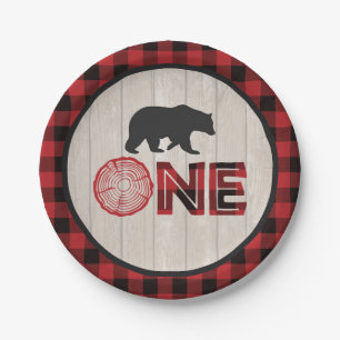 Lumberjack 1st Birthday Paper Plate - Bear ONE Red