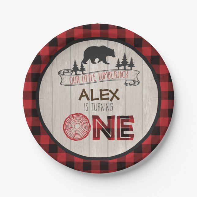 Lumberjack 1st Birthday Paper Plate - Bear Red (Front)