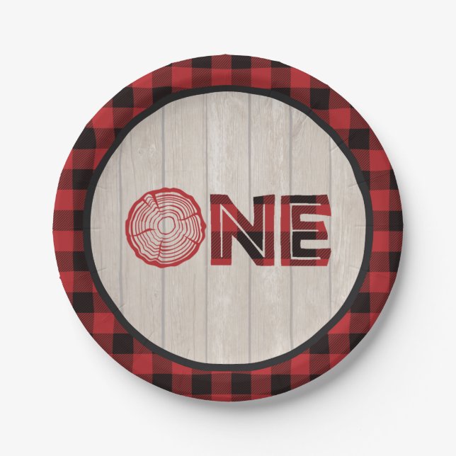 Lumberjack 1st Birthday Paper Plate - ONE Red (Front)