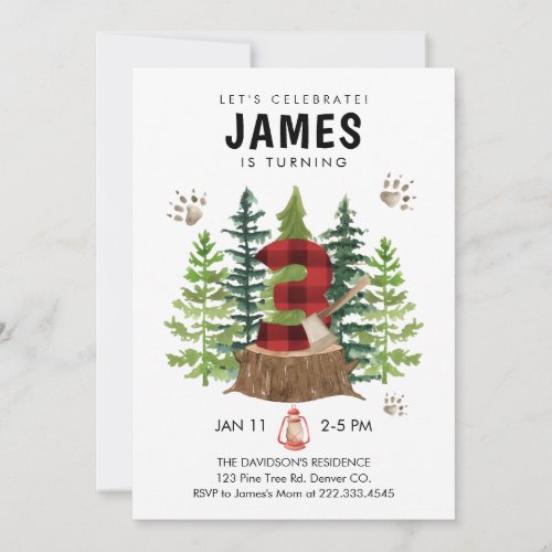 Lumberjack 3rd Birthday Buffalo Plaid Invitation