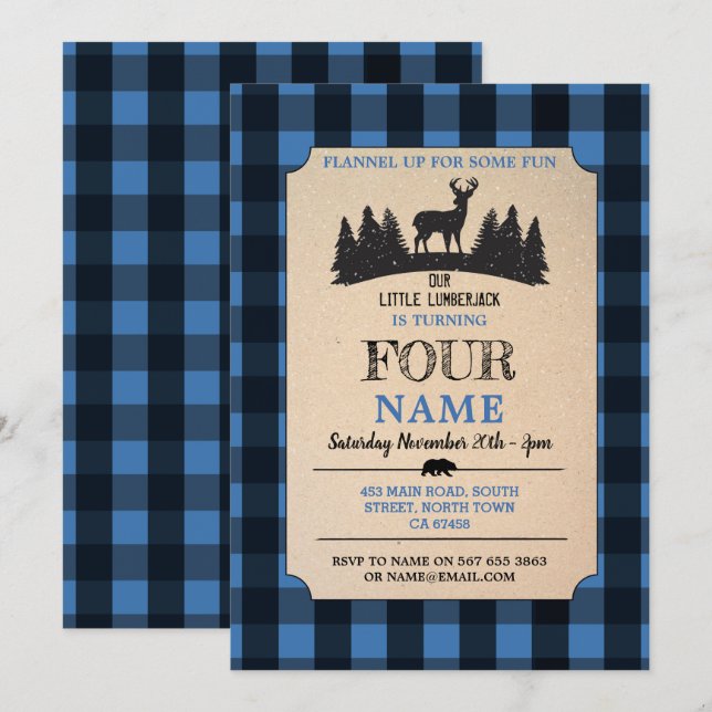 Lumberjack ANY AGE  Birthday Blue Flannel Invite (Front/Back)