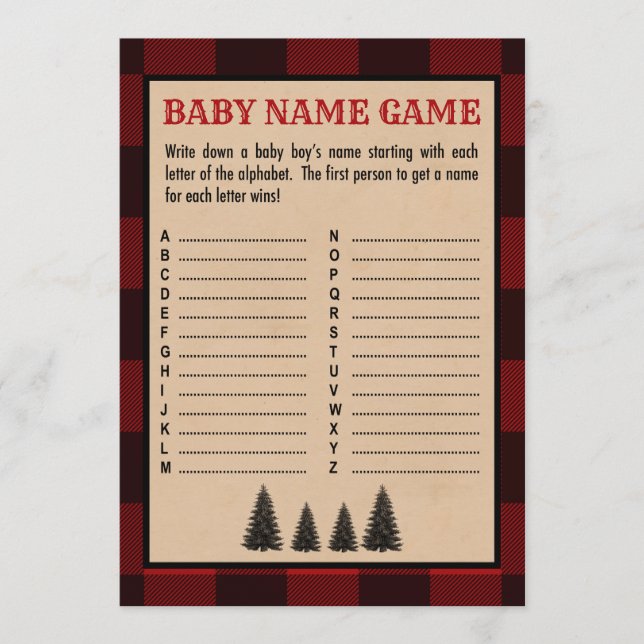 Lumberjack Baby Name Shower Game Red Plaid Program (Front)