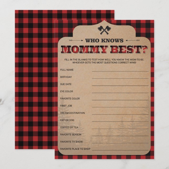 Lumberjack Baby Shower Game Who Knows Mommy Best (Front/Back)