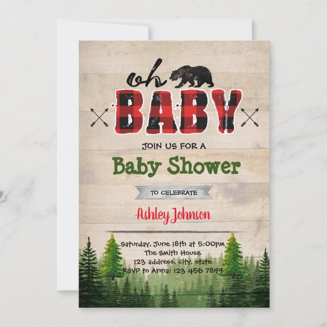 Lumberjack baby shower party invitation (Front)