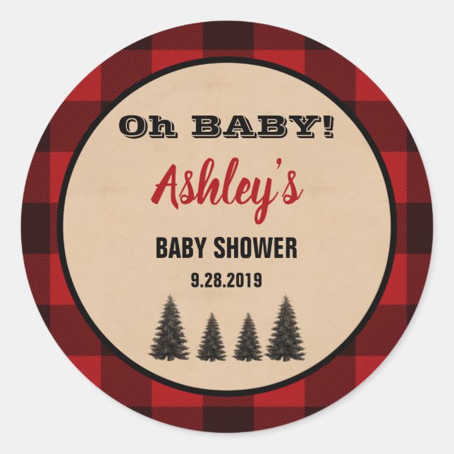 Lumberjack Baby Shower Round Favor Stickers Plaid (Front)