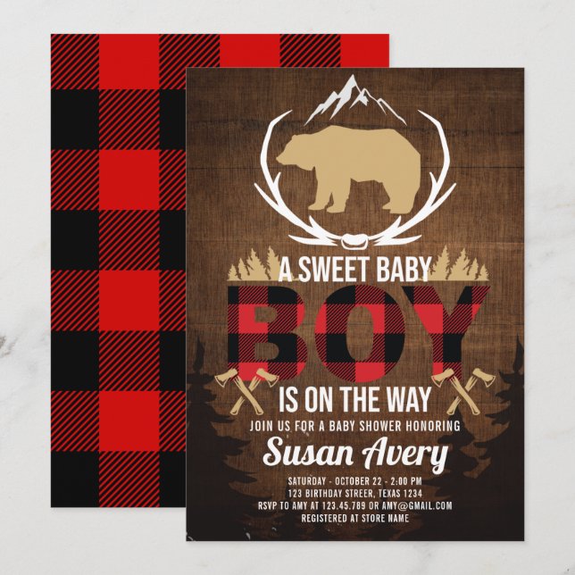 Lumberjack Baby Shower Wood Plaid Invitation (Front/Back)