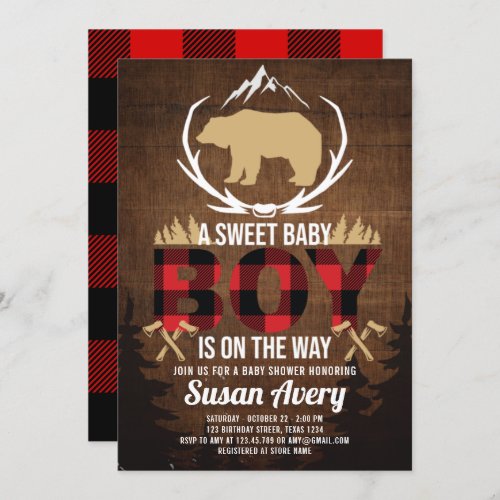 Lumberjack Baby Shower Wood Plaid Invitation