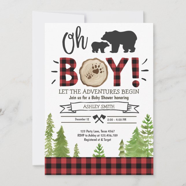 Lumberjack Baby Shower Woodland Bear Cub Plaid Boy Invitation (Front)