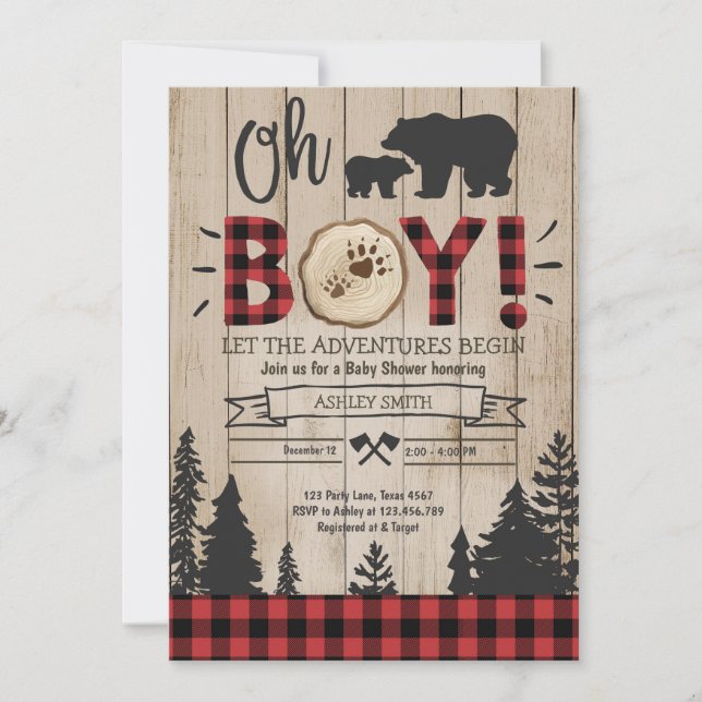 Lumberjack Baby Shower Woodland Bear Cub Plaid Boy Invitation (Front)