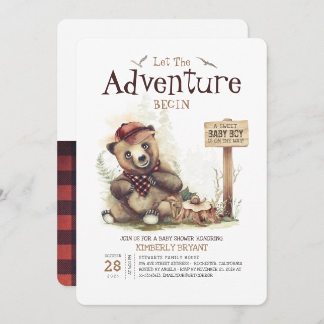 Lumberjack Baby Shower Woodland Little Bear Cub Invitation (Front/Back)