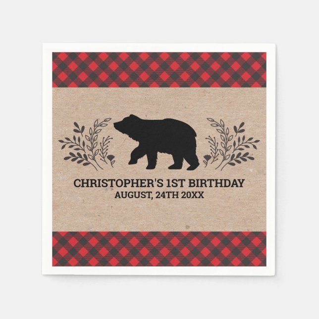 Lumberjack Bear 1st Birthday Party Napkins (Front)