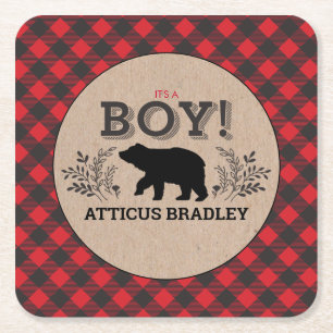 Lumberjack Bear Baby Boy Kraft Shower Coasters