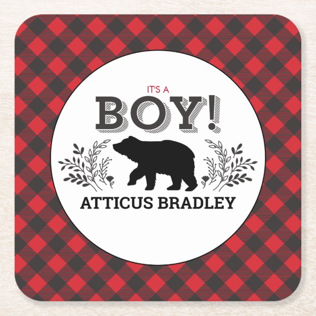 Lumberjack Bear Baby Boy Shower Coasters (Front)