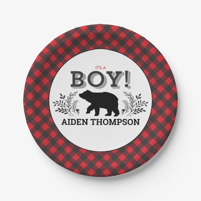 Lumberjack Bear Baby Boy Shower Plate (Front)