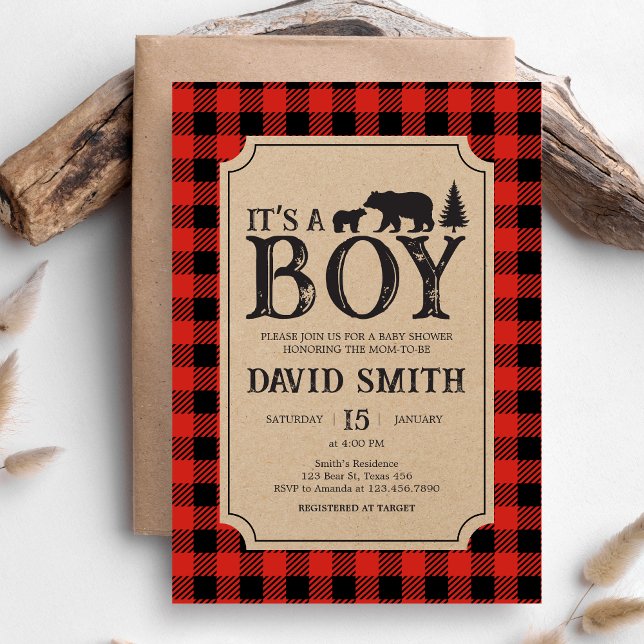 Lumberjack Bear Baby Shower  Invitation (Bear Plaid Baby Shower Invitation)