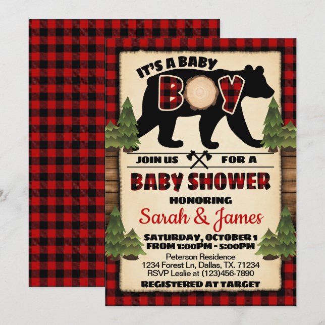 Lumberjack Bear Baby Shower Invitation Invite (Front/Back)