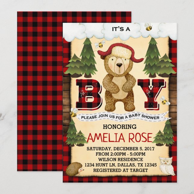 Lumberjack Bear Baby Shower Invitation Invite (Front/Back)