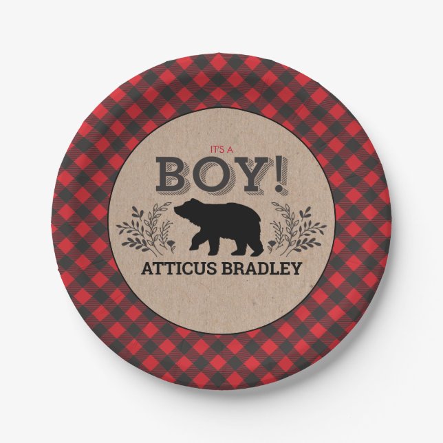 Lumberjack Bear Baby Shower Plate (Front)