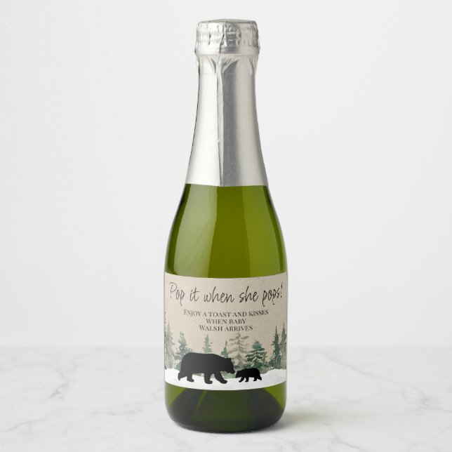 Lumberjack Bear Baby Shower Pop It Sparkling Wine  Sparkling Wine Label (Front)