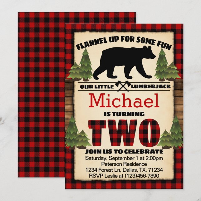 Lumberjack Bear Birthday Party Invitation Two 2nd (Front/Back)